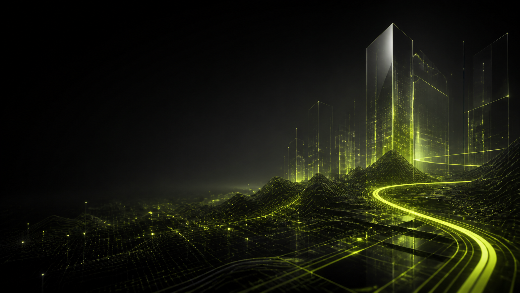 Luminous digital infrastructure rising from a connected landscape